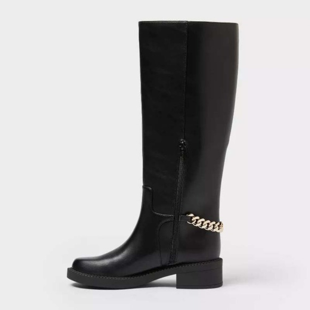 a new day Black Knee-High Heeled Boots with Gold Chain Accent - Picture 3 of 6